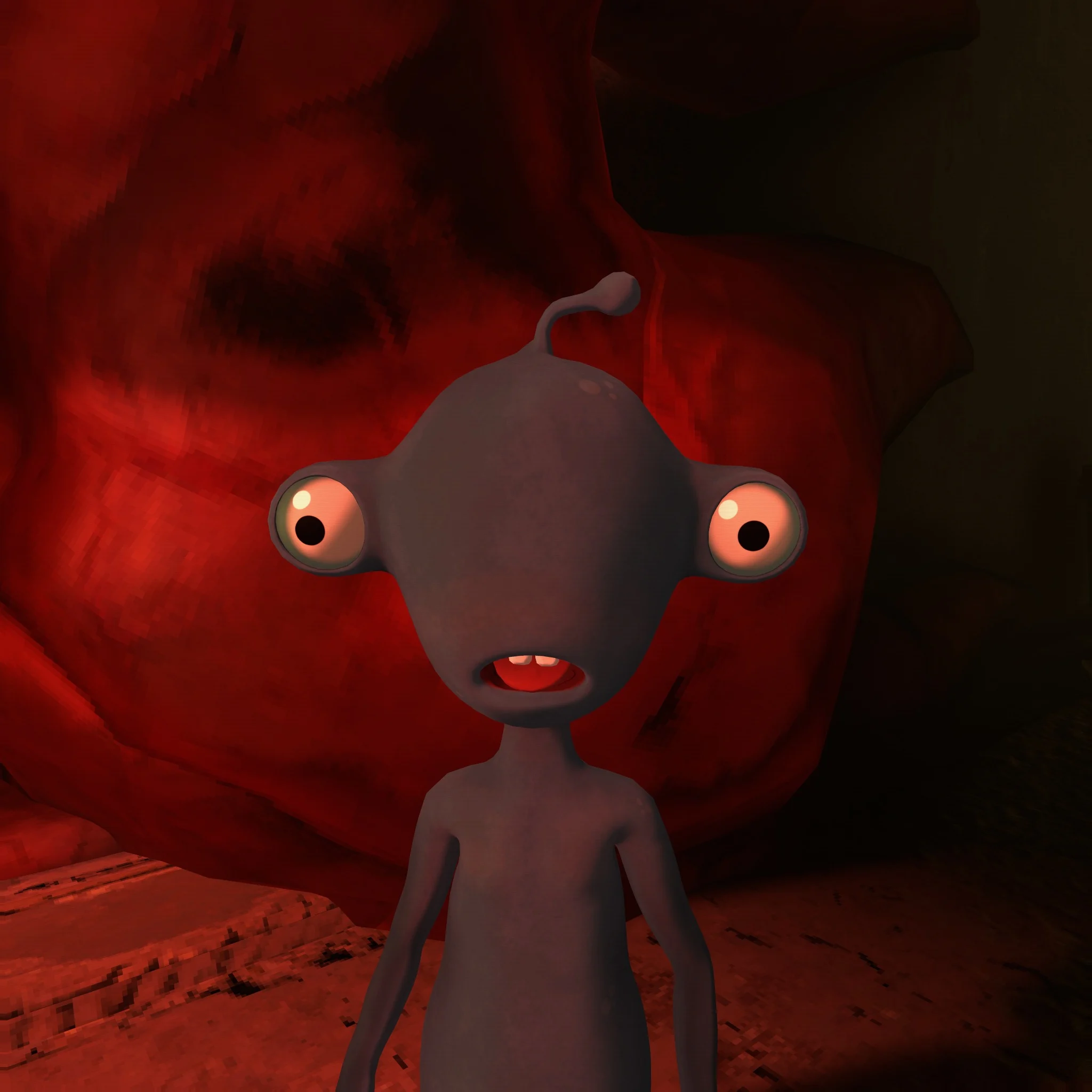 A strange wide-eyed creature standing in a red organic environment