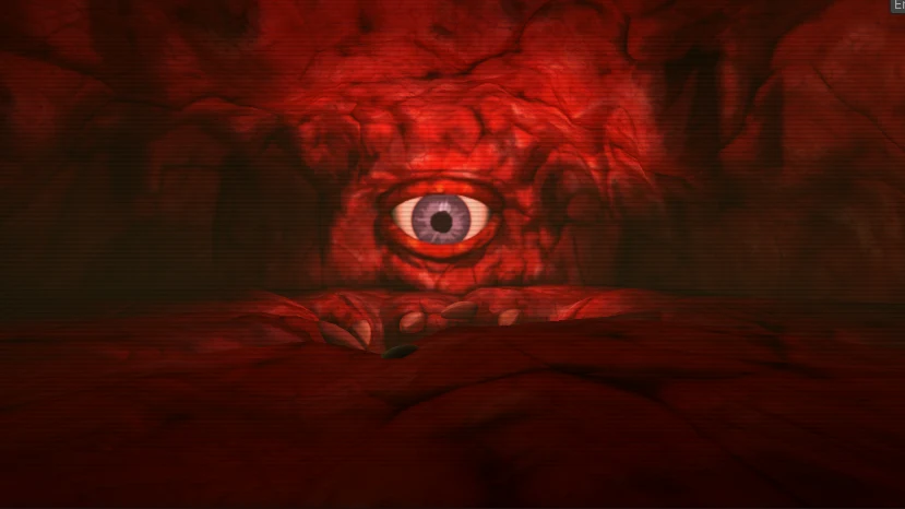 A giant eye inside a red organic room