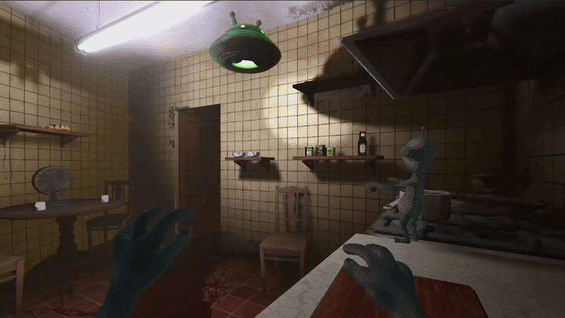 Animated gameplay in a grimy kitchen with first-person hands and a small creature on the counter